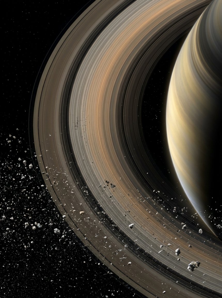 Primer plano realista de los anillos de Saturno